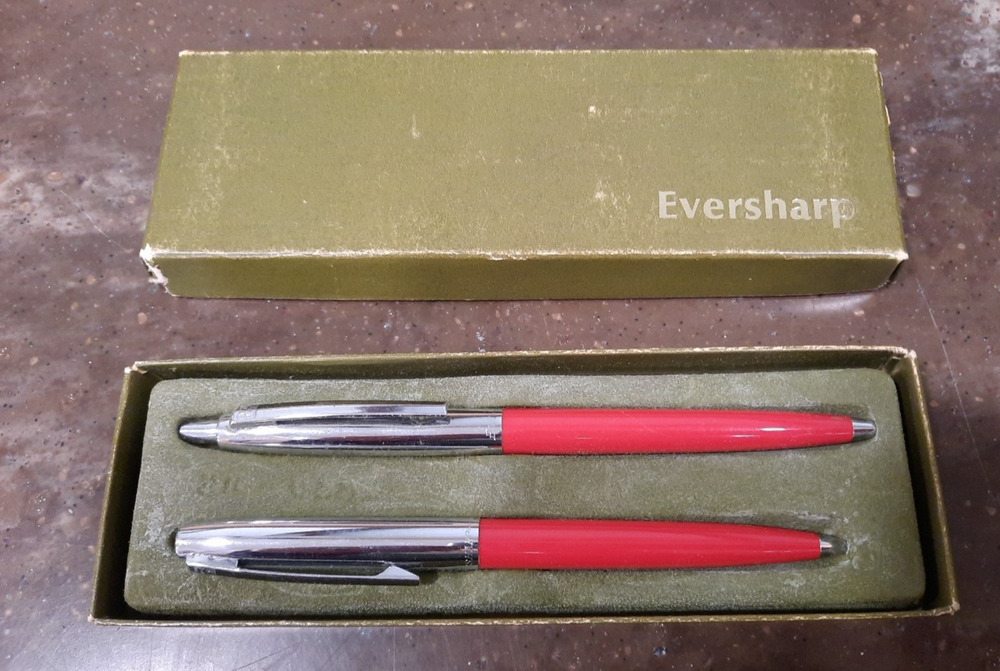 Eversharp Vintage Ball Point Pen + Pencil Set in Orig box RED Chrome